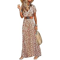 Woolicity Women's Floral Summer Dress Bohemian Maxi Dresses Wrap V Neck Long Sleeve Belted Midi Long Sun Dresses