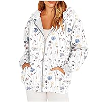 Womens Floral Printed Zip Up Oversized Hoodies Sweatshirt Long Sleeve Fall Winter Casual Loose Workout Jacket Pockets
