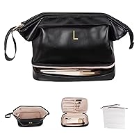 Monogram Makeup Bag, Personalized Double Layer Makeup Travel Bag with Makeup Brush Organizer,Waterproof, PU Leather Letter Makeup Bag Black Skincare Bag, with 2 Drawstring Toiletry Organizers