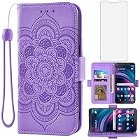 Asuwish Phone Case for Tracfone BLU View 3 B140DL Wallet Cover with Tempered Glass Screen Protector and Flip Credit Card Holder Stand Flower Folio Cell Accessories Blue View3 140DL Women Men Purple