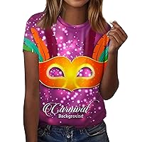 Women's Mardi Gras Shirts Fashion Casual Short Sleeve Mask Printed Round Neck Top Outfit, S-5XL