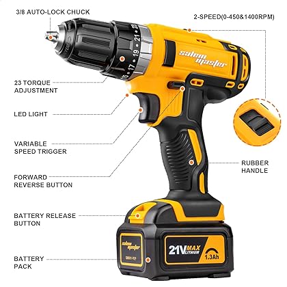 SALEM MASTER Cordless Drill Driver - 21V Max Impact Drill with 3/8'' Auto Chuck 23+1 Clutch 2-Speed Lithium-Ion Battery Built-in LED Compact Drill for Home Improvement & DIY Project (Yellow)