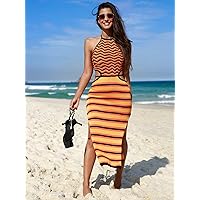 Sweater Dress for Women- Chevron & Striped Pattern Halter Neck Backless Knot Slit Thigh Sweater Dress (Color : Multicolor, Size : Medium)