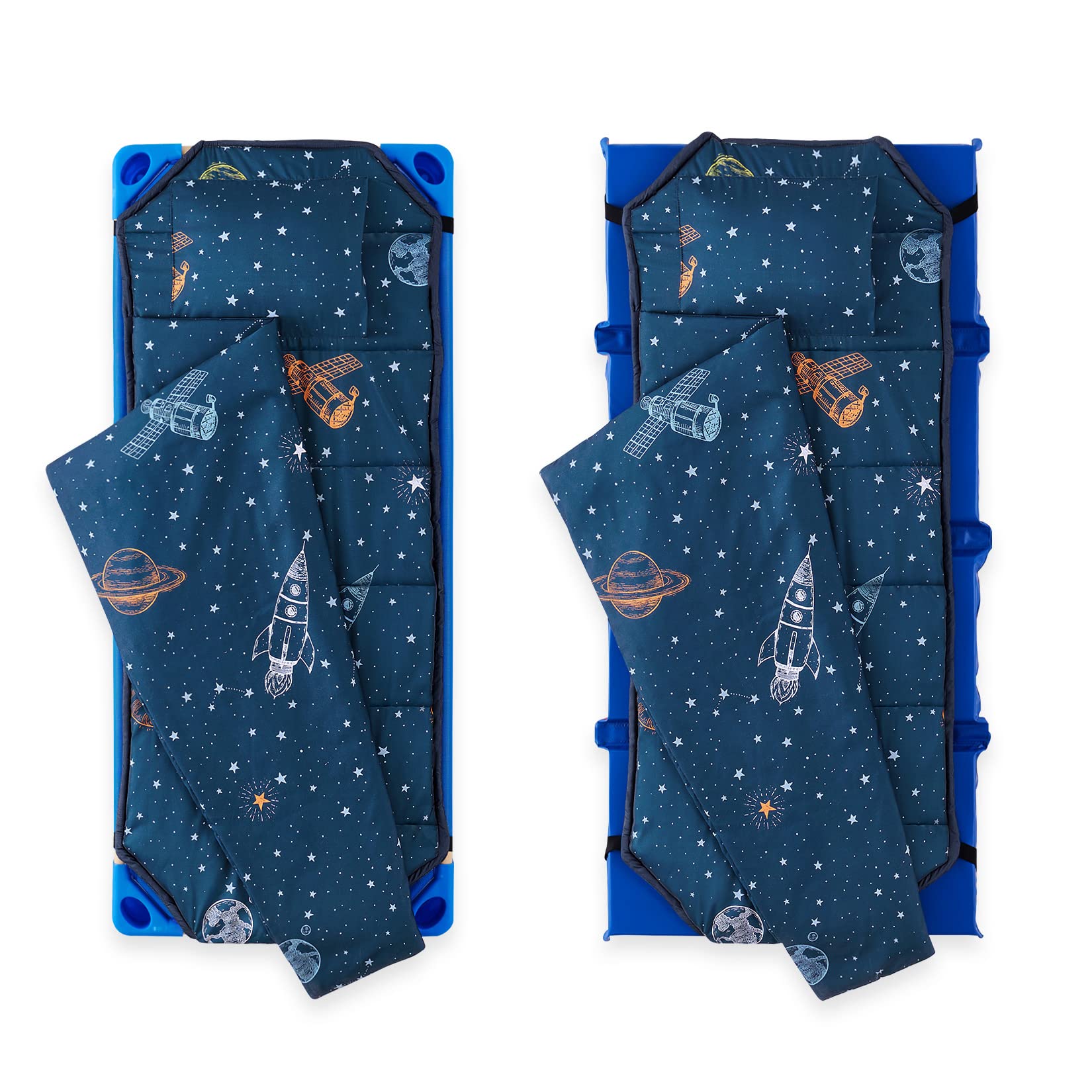 Wake In Cloud - Nap Mat with Pillow for Kids Toddler Boys Girls, Fit Preschool Daycare Sleeping Cot with Elastic Corner Straps, Rockets Stars Galaxy Space Planet on Navy Blue, 100% Soft Microfiber
