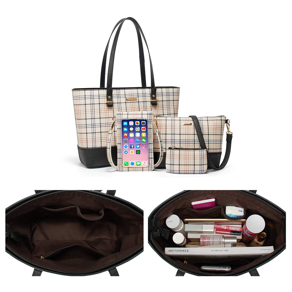 Women Fashion Synthetic Leather Handbags Tote Bag Shoulder Bag Top Handle Satchel Purse Wallet Set 4pcs