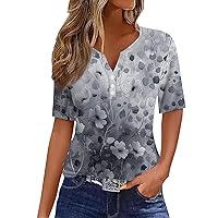Fashion Womens Clothing 2024 Short Sleeve Button Down V Neck Henley Shirts Trendy Dandelion Floral Print Going Out Tops