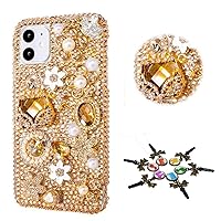 Sparkle Phone Case Compatible with iPhone 14 Pro Max Case - Stylish - 3D Handmade Bling Girls Bag Flowers Rhinestone Crystal Diamond Design Cover Case - Gold