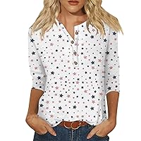 Womens 3/4 Length Sleeve Summer Tops 4Th of July Trendy Patriotic Graphic Tees Casual Button Down Shirts Loose Blouses