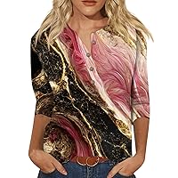 Women Tops V Neck Ethnic Button Down Shirts 2023 Summer Tees 3/4 Sleeve Slim Fit Blouse Slim Cute Floral Tshirts