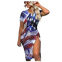 4th of July Dress Women Crew Neck Short Sleeve Side Slit Pencil Summer Dress American Flag Sexy Dresses for Women