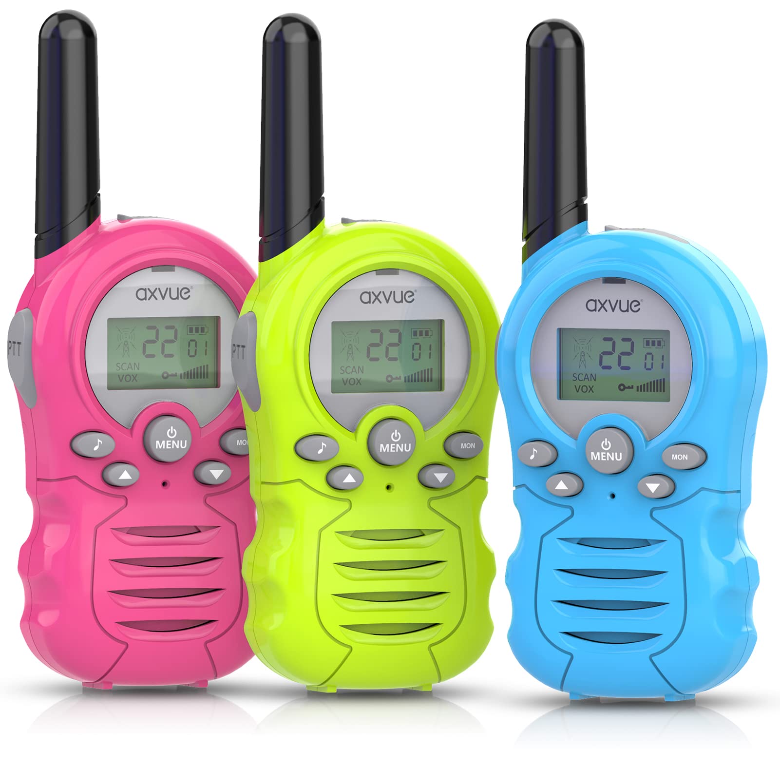 Axvue Walkie Talkies 3 Pack, Festival Birthday Camping Hiking Events Gift Toy for Boys and Girls Kids Teen 22 Channels, Interphone Long Distance, Perfect for Indoor and Outdoor Use, Two Way Radio.