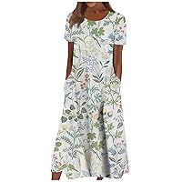 Short Sleeve Autumn Wedding Tunic Dress Ladies Modern Calf-Length Cosy Printing Dress for Women Pocket Soft Green S