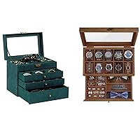 Wooden Watch Box and Jewelry Box, 2-Tier Watch Display Case for Large Dial Watches, Christmas Gifts, Watch Jewelry Box Organizer with Glass Lid