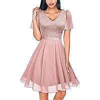 MISSMAY Women's V-Neck Retro Ruffle Sleeve Lace Cocktail Party Dress