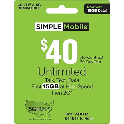 SIMPLE Mobile $40 Unlimited Talk,Text&Data(15GB High–Speed)[Physical Delivery]