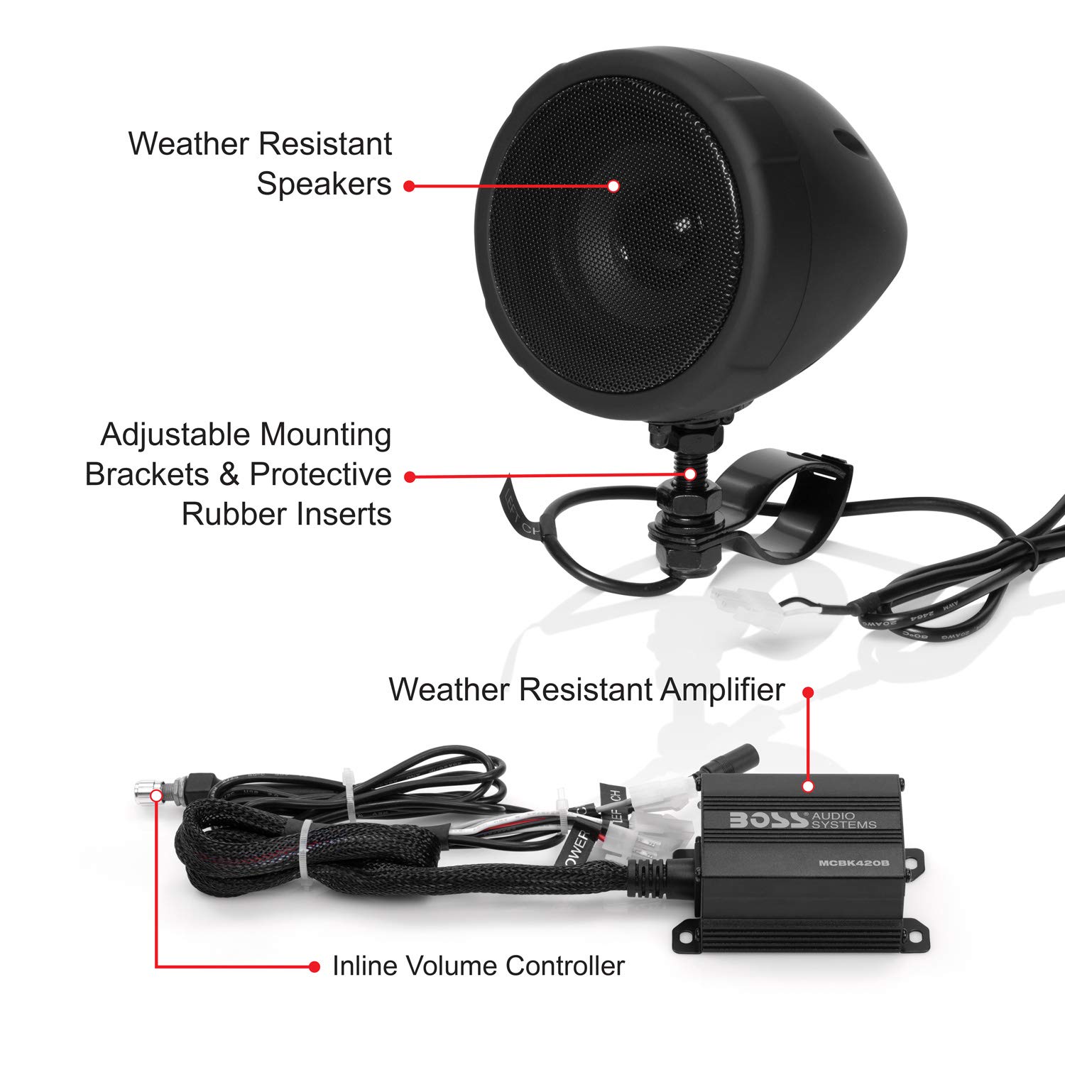 BOSS Audio Systems MCBK420B Bluetooth Speaker System - Class D Compact Amplifier, 3 Inch Weatherproof Speakers, Volume Control, Great for Use with ATVs/Motorcycles, 12 Volt Vehicles