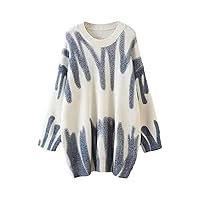 Women's Long Sleeve Crew Neck Striped Casual Color Block Fluff Ripped Comfy Loose Oversized Knitted Pullover Sweater