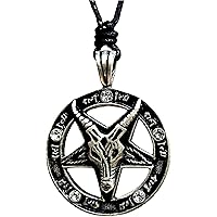 Pentagram Baphomet Church of Satan Clear White Crystal Pewter Pendant Necklace, Silver