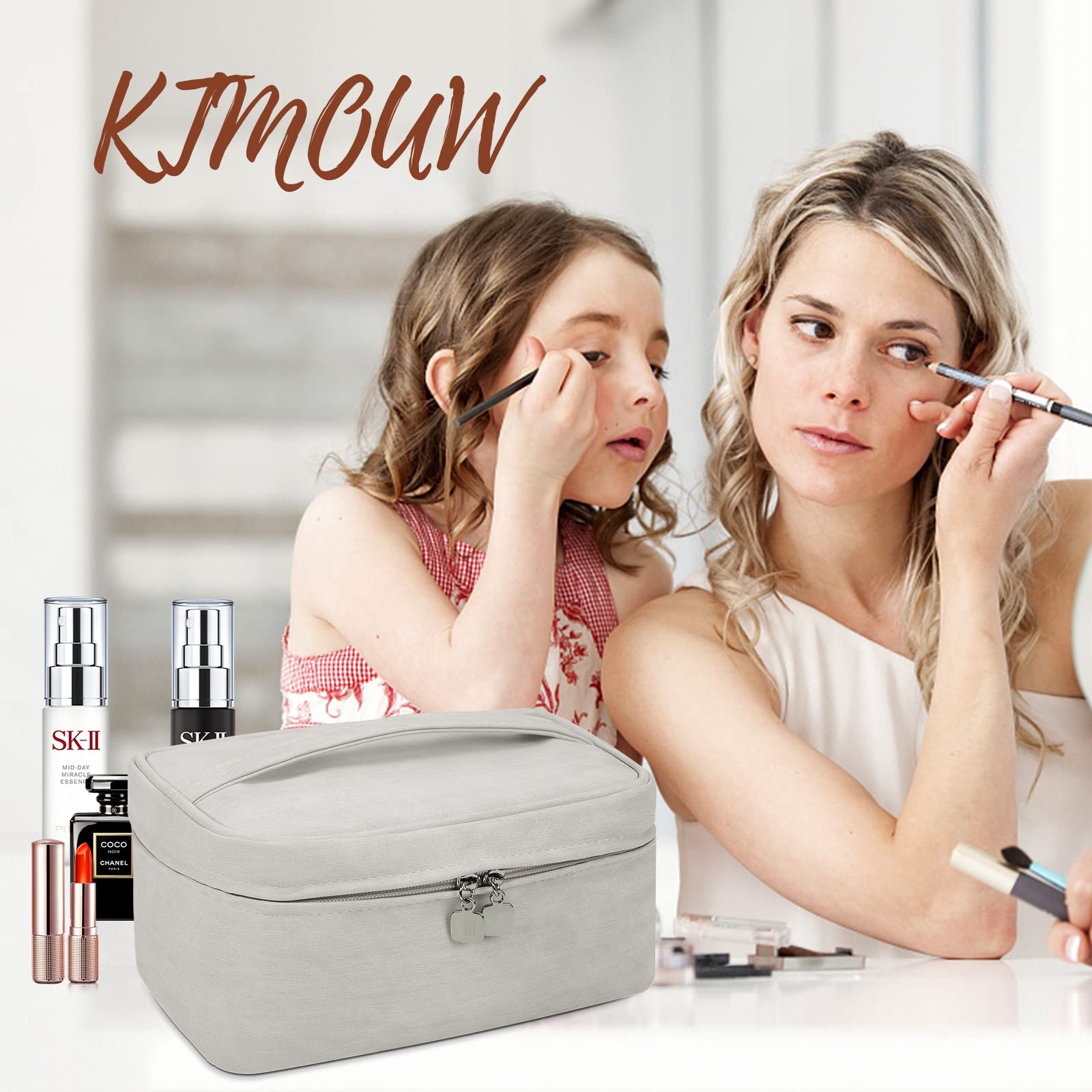 KTMOUW Makeup Bag Waterproof Cosmetic Bag Leather Makeup Travel Bag Portable Makeup Brush Bag Multifunctional Makeup Organizer Bag for Women Girls, 2-Pack, Grey