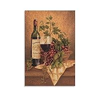 Kitchen Wine Bottle Wall Art Vintage Red Wine Glass with Grapes Print Wall Decor Canvas Poster Decorative Painting Canvas Wall Art Living Room Posters Bedroom Painting 12x18inch(30x45cm)