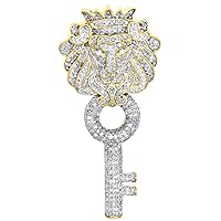 10K Yellow Gold Finish Genuine Round Cut Diamond Lion Head & Key Pendant 1.90