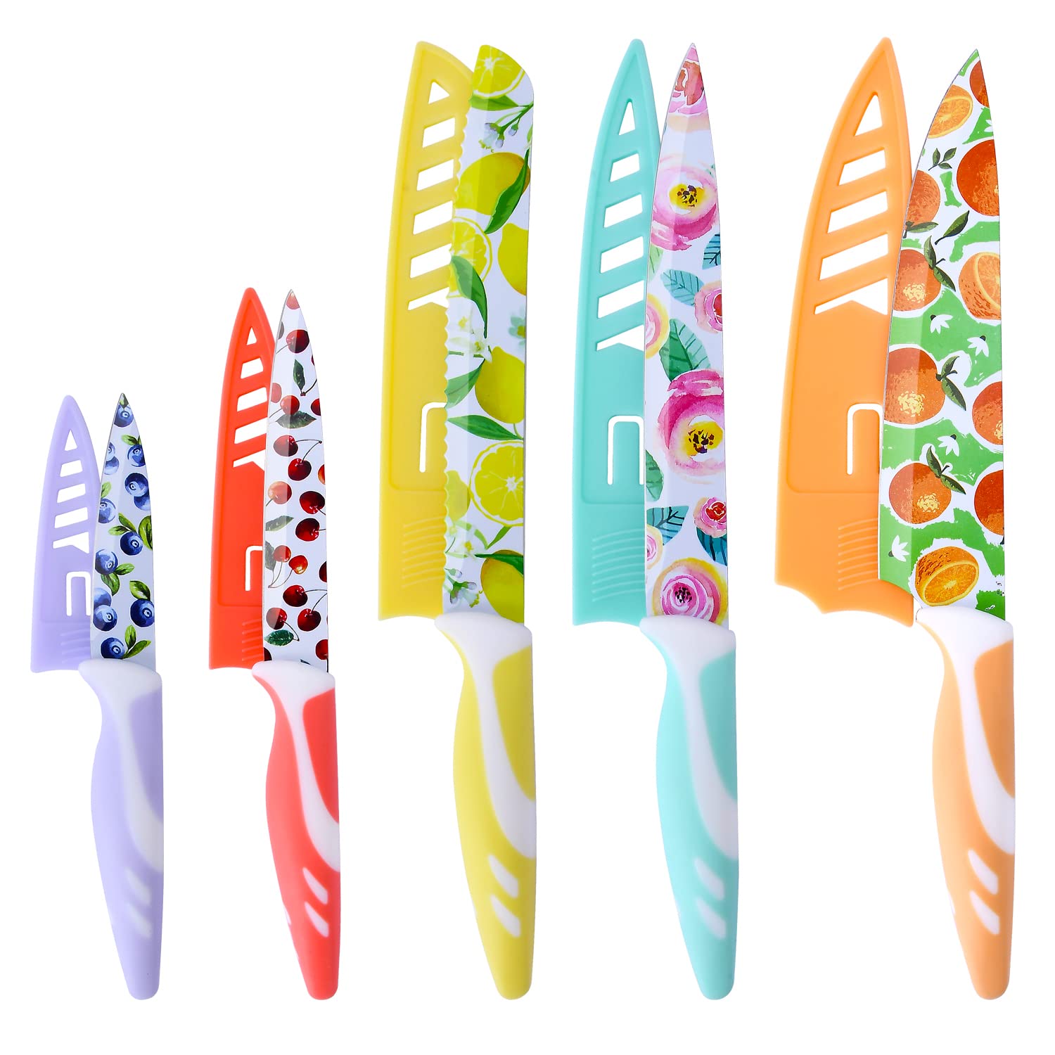 UPTRUST Knife Set, 10-piece Kitchen Knife Set Nonstick Coated with 5 Blade Guard, Multicolored Fruit Knives, Pioneer Woman Knife Set for Kitchen Gifts