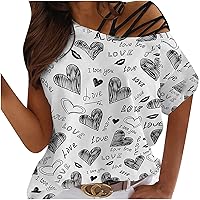 Summer Women Cold Shoulder Tshirt Tops Casual Trendy Love Print Tunic Tees Sexy Short Sleeve Comfy Loose Fit Blouses