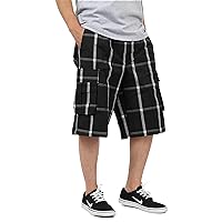 Shaka Mens Plaid Shorts Checkered Cargo Cotton Loose Fit Pocket S-5XL Solid (Small, 1ks05_Black)
