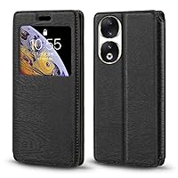 for Huawei Honor 90 Case, Wood Grain Leather Case with Card Holder and Window, Magnetic Flip Cover for Huawei Honor 90 (6.7”) Black