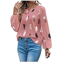 Womens Fashion Lantern Long Sleeve V Neck T Shirts Feather Print Graphic Shirts Office Ladies Dressy Casual Tops and Blouses