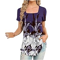 Womens Tops Dressy Casual Summer Short Sleeve Blouses Fashion Ethnic Print Square Neck Tees Cute Working Blouse