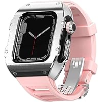 Stainless Steel Rm Watch Case Fluorine Rubber Strap，For Apple Watch 8 49mm Series Watch Replacement Strap Titanium Bezels Shockproof Exercise Band for Women and Men