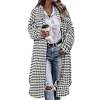CHICZONE Womens Casual Lapel Button Down Long Plaid Shirt Flannel Shacket Jacket Tartan Trench Coat Houndstooth XL