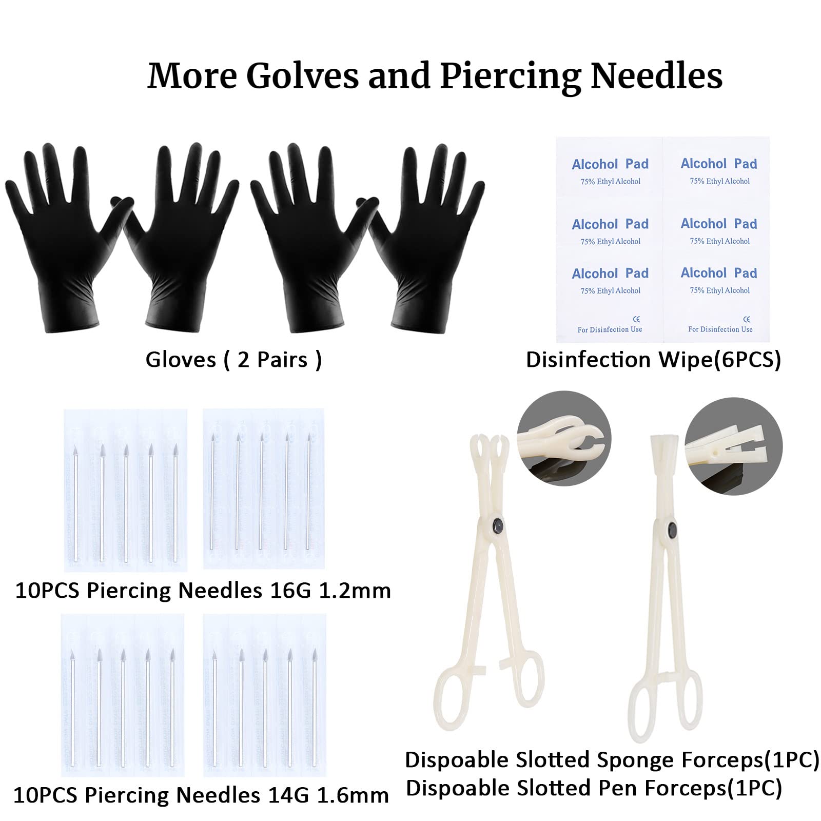 58PCS Body Piercing Kit Surgical Steel 14G 16G BCR CBR Labret Lip Rings Cartilage Daith Earrings Belly Button Rings Nose Septum Piercing Jewelry Needles Gloves Clamps Tools