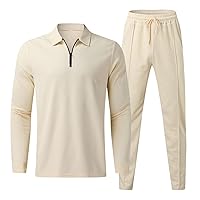 Mens Tops Casual Solid Color Long Sleeve Zipper Lapel T-Shirt Drawstring Lace Up Sweatpants Two-Piece Tracksuit Set