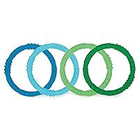 Bumkins Baby Teething Freezer Toy Keys Rings, Soft Flexible Pacifier to Chew, Cool Teether Gum Relief, Babies 3 Months, Freezable, Platinum Cured Silicone, Sensory Bracelet, 4-pk Blue and Green
