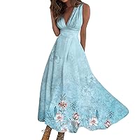 Summer Dresses for Women 2024 Flowy Maxi Dress Sleeveless Elegant Sundresses Wrap V Neck Floral Print Beach Dress