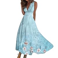 Maxi Dresses for Women 2024 Sun Denim Summer Fashion Print V-Neck Sleeveless Waist Tie Dress