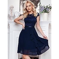 Dresses for Women - Solid Ruffle Trim Lace Dress (Color : Navy Blue, Size : Medium)
