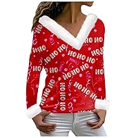 Women's Christmas Tops T Shirt Tee Long Sleeve Party Print Fleece Collar V Neck Top, S-3XL