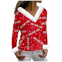 Women's Christmas Sweatshirts T Shirt Tee Shirt Long Sleeve Party Print Fleece Collar V Neck Top, S-3XL