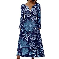 Midi Dresses for Women Trendy Button Down Plus Size Fall Casual Long Sleeve Summer Sexy V Neck Formal Floral Dress