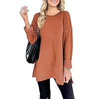 Women's 2024 Fall Casual Crew Neck Side Split Pullover Sweater Loose Long Sleeve Jumper Top