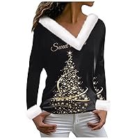 Women's Christmas Shirts T Shirt Long Sleeve Party Fleece Collar V Neck Top Fall Tops, S-3XL
