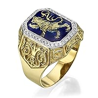 1/3 Carat Diamond and Blue Enamel Lion of Judah Signet Ring for Men in 14k Yellow Gold Sizes 5 to 12 Jewelry