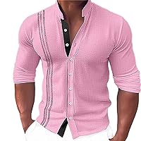 Mens Stripe Beach Mexican Shirts Long Sleeve Linen Cotton Cuban Guayabera Shirt Casual Band Collar Summer Dress Shirt