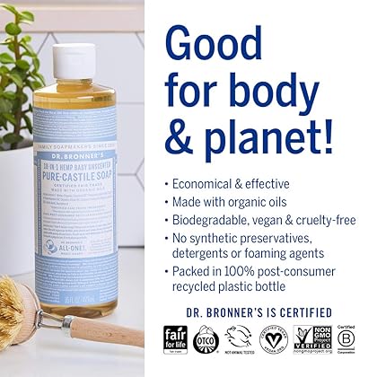 Dr. Bronner’s - Pure-Castile Liquid Soap (Baby Unscented, 16 Ounce) - Made with Organic Oils, 18-in-1 Uses: Face, Hair, Laundry & Dishes For Sensitive Skin & Babies, No Added Fragrance, Vegan, Non-GMO