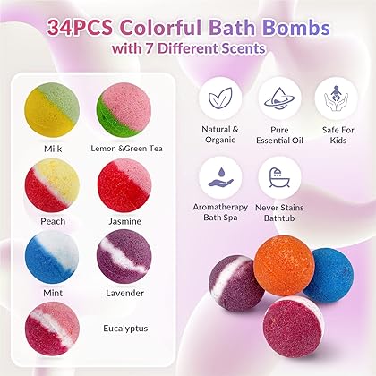 34 + 6 Bath Bombs with Crystal Toys Inside for Kids, 34PCS Organic Surprise Bath Bomb Gift Set for Christmas, Birthday, Easter, Natural Fizzy Bath Spa for Relaxation, 6PCS Gift Bags for Party Favor
