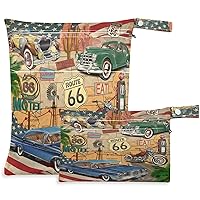 visesunny 2Pcs Wet Bag with Zippered Pockets Vintage Route 66 Pattern Washable Reusable Roomy for Travel,Beach,Pool,Daycare,Stroller,Diapers,Dirty Gym Clothes, Wet Swimsuits, Toiletries