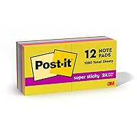 Post-it Recycled Super Sticky Notes, 3x3 in, 12 Pads, 2X Sticking Power, Summer Joy Collection (654-12SST)